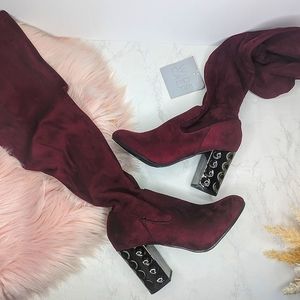 Carlos Santana Burgundy Suede Sexy Over The Knee Boots Metallic Heel Wide Size 7